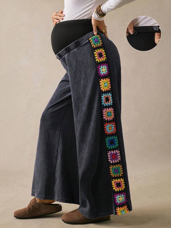 Boho Mama Maternity Side Hook Floral Design Adjustable Waist Wide Leg Pants