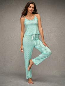 Esseday Conjunto de pijama con camiseta de tirantes con volantes y estampado de lunares y pantalón largo, conjunto de pijama de lunares para mujer, ropa de dormir, conjunto de pijama sin mangas para mujer - Verde - Ver 5