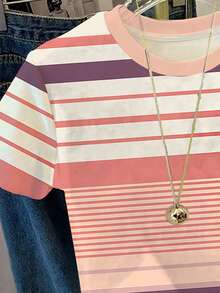 Tween Girl Casual Minimalist Muted Tone Striped With Floral Logo Graphic, Fashion Classic, Versatile Must-Have, Back To School, Short Sleeve Crew Neck T-Shirt Suitable For Summer, Graphic, Kawaii, Graphic Print, Y2K, Cute Tops - Multicolor - View 6