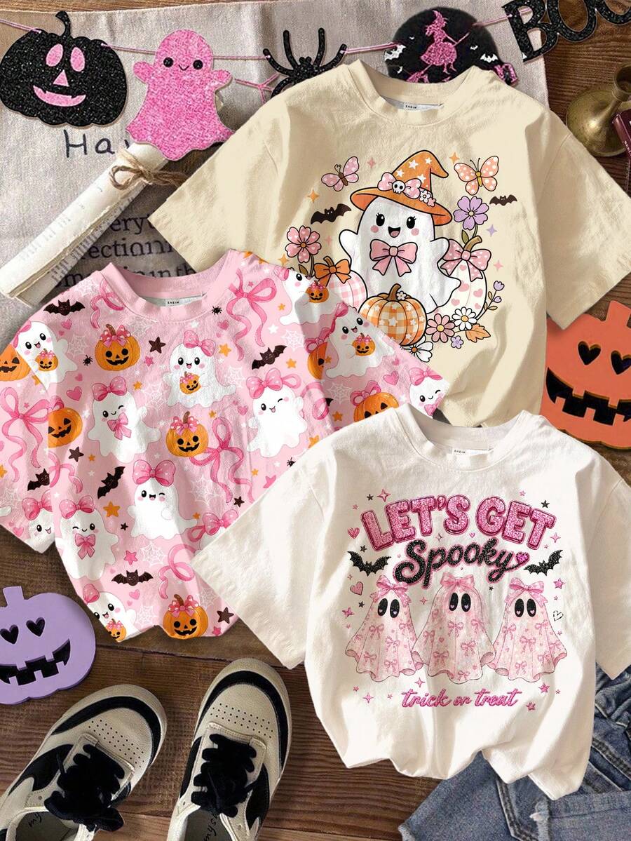 白色、淺杏色、粉色,3件裝少女休閒舒適圓領短袖T恤,Summerween、萬聖節亮片幽靈、南瓜季節、秋季氛圍新季節,就等著萬聖節! - 彩色 - 查看 1