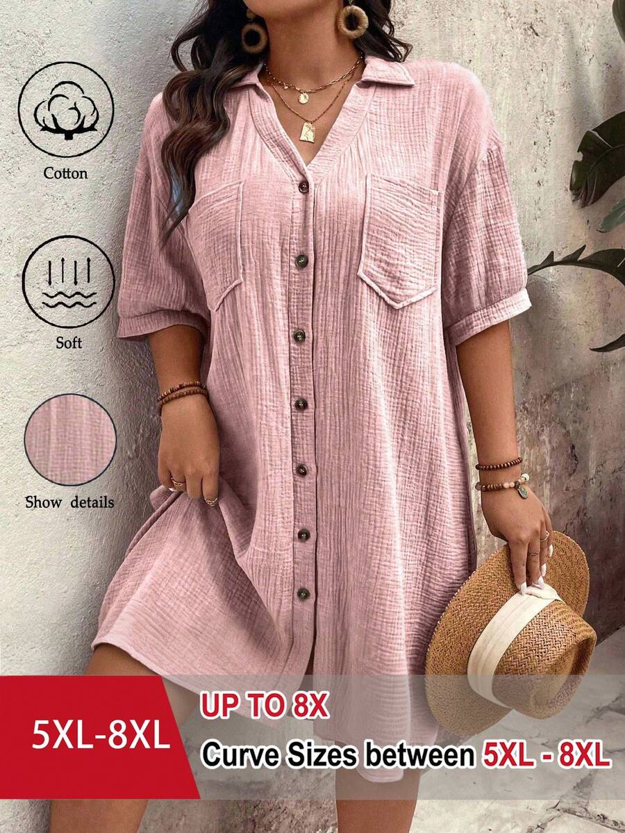 SHEIN CURVE+ 大尺碼女款純棉寬鬆純色鈕扣落肩泡泡袖口袋V領翻領夏季中長洋裝 淡粉色 正式款 - 藕粉色 - 查看 1