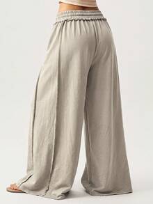 Bohemela Casual Girlisim Knitted Snow-Washed Solid Color Patchwork Loose Wide-Leg Washed Women's Pants Golf Pastal - Khaki - View 2