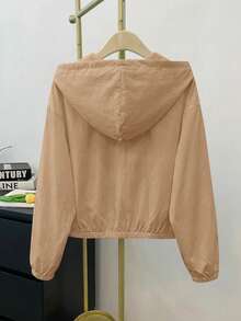 SHEIN Jaket Kasual Longgar Berkerudung untuk Remaja Perempuan, Warna Polos, Bahan Tenun, Dilengkapi Kantong, Cocok untuk Musim Gugur dan Musim Dingin. - Khaki - View 2
