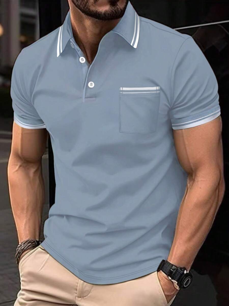 Manfinity Homme Kemeja Polo Lengan Pendek Kasual Pria Ukuran Besar dengan Desain Blok Warna untuk Perjalanan Sehari-hari - Dusty Blue - View 1