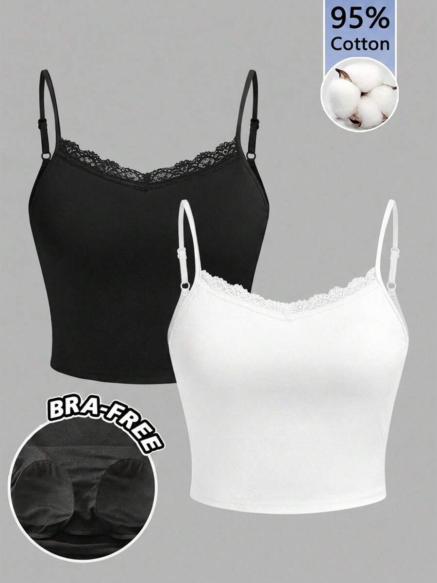 SHEIN Essnce 2件/套 95%纯棉无胸罩衬垫休闲简约百搭吊带背心,蕾丝拼接,黑白配色,适合度假、夏季穿着 - 白色 - 查看 1