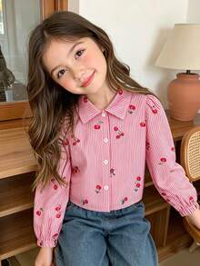 Elladie kids 女童春夏粉色條紋櫻桃上衣，簡約俏皮，時尚百搭，適合日常穿著與戶外活動 - 粉色 - 查看 9