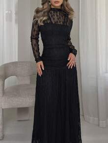 Jemour Women's Autumn/Winter Lace Ruched Bodycon Dress, Versatile For Outings, Date Nights, Theme Parties, Celebrations Elegant Black - Black - View 5