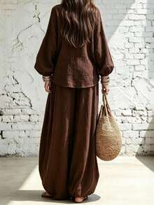 Breezaya Fall Outfit 2 Pieces Set, Casual Boho, High Neck Long Sleeve Loose Top And Loose Lantern Pants, Outdoor Vacation Wear, Chocolate Brown - Brown - View 3