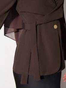 Heiryn Women Solid Color Lapel Long Sleeve Side Knot Blazer Back To School In Fall/Winter - Chocolate Brown - View 7