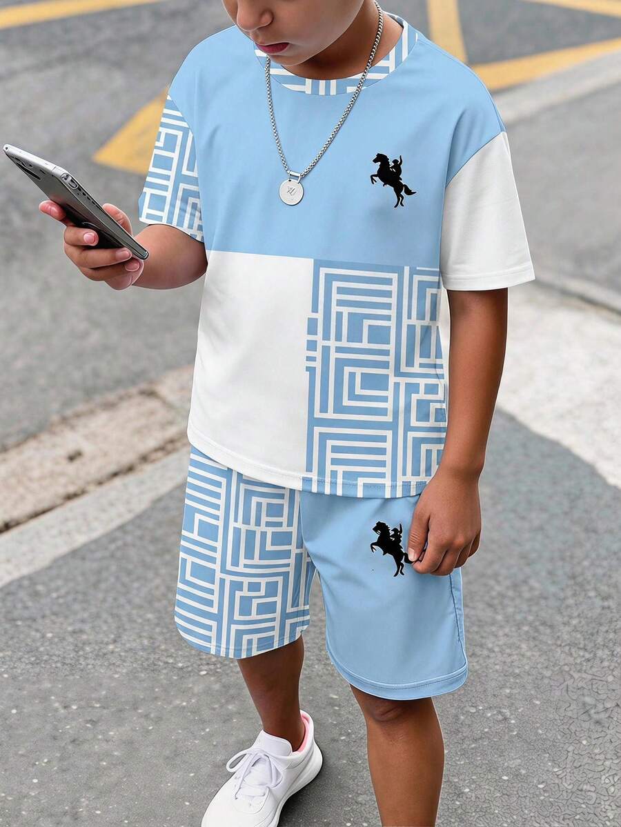 青少年男孩休閒舒適時尚極簡圓領短袖T恤與短褲套裝 - 彩色 - 查看 1