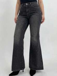 Dazy Plus Vintage Washed Distressed Stretch Fitted Long Flare Leg Jeans, All Season, Elegant Black Versatile Fall - Black - View 7