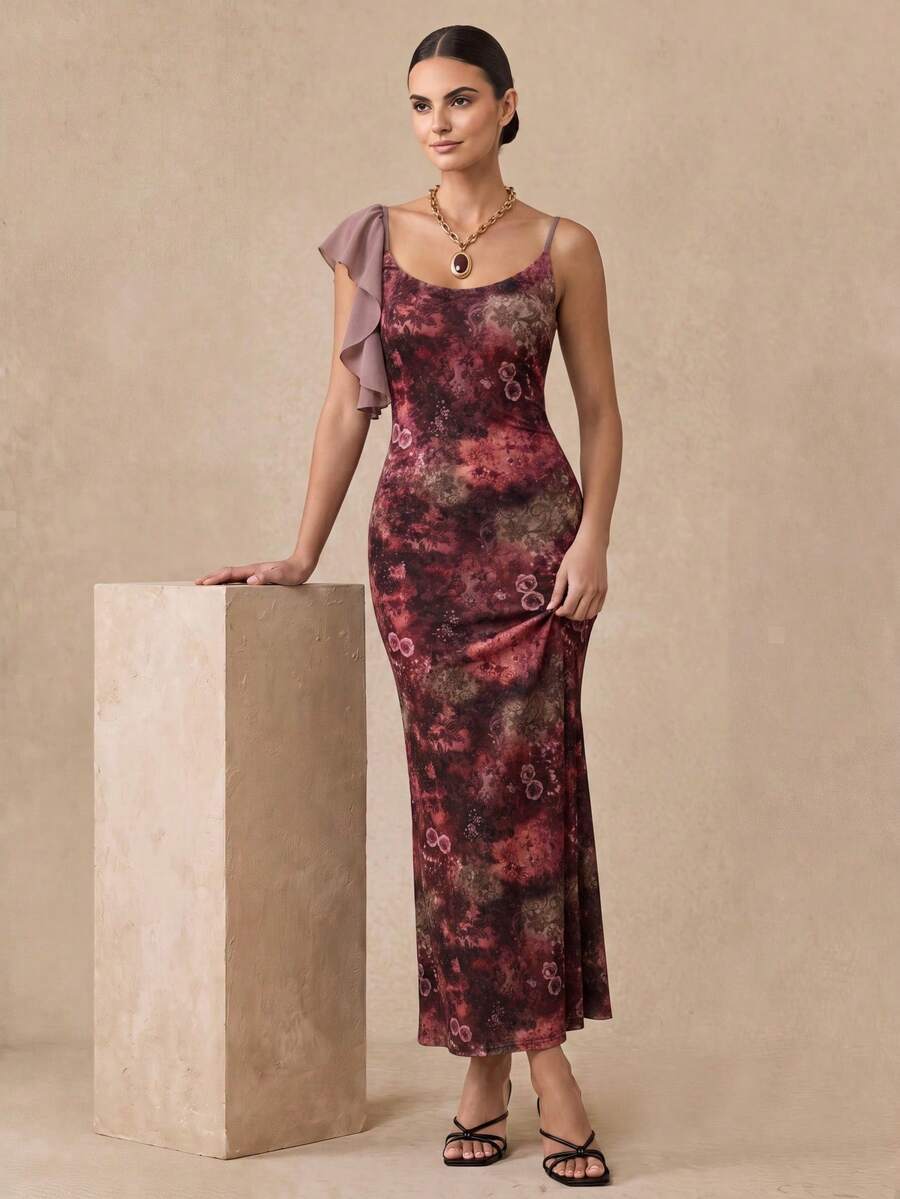 Almamuse Women's Velvet Printed Patchwork Chiffon Ruffle Hem Long Party Dress, Autumn/Winter - Multicolor - View 1