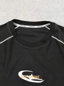 Sport MetroGents Men's Letter Print Striped Colorblock Crew Neck Sports T-Shirt - Black - View 3