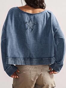 Bohemela Women's Casual Solid Color Knit Crew Neck Loose Washed Sweatshirt Off The Shoulder Sweatshirt Off Th - Blue - View 2
