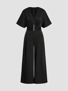 Sweetra Plus Size Deep V-Neck Pleated Short Sleeve Jumpsuit With Faux Pearl Buttons, Straight Leg Pants, Elegant Traditional Retro French Style, Black Summer - Black - View 4