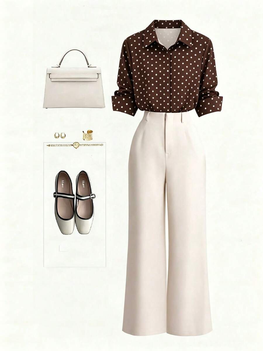 SHEIN Franclia Women's Polka Dot Pattern Shirt & Straight Leg Pants Set, Commuter & Casual Style - Brown - View 1