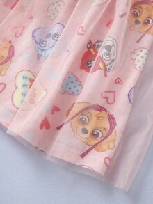 SHEIN | PAW Patrol Gaun Lengan Pendek Anak Perempuan dengan Motif Kartun dan Detail Jala Kontras di Bagian Bawah - Berwarna merah muda - View 6