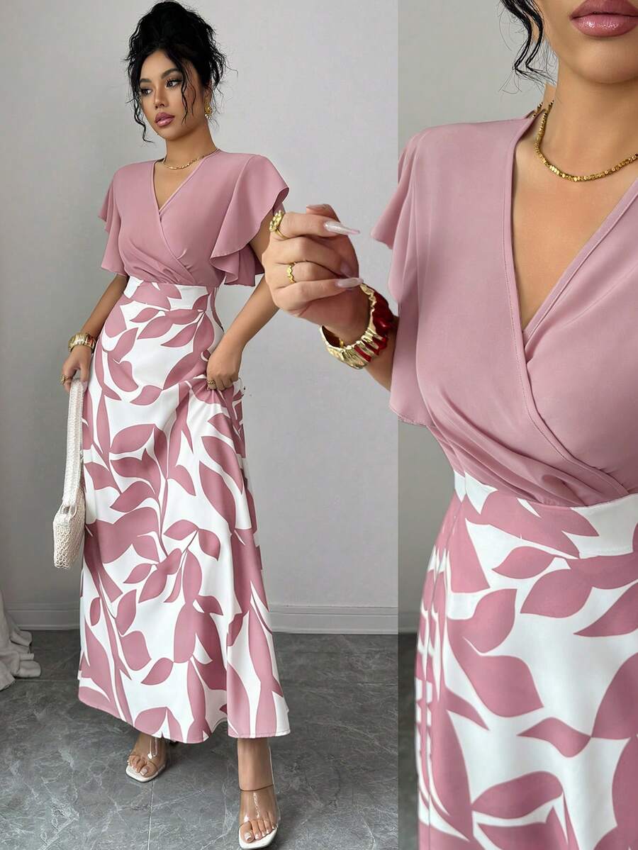 Elenzga Đầm nữ thanh lịch màu đỏ tía họa tiết lá cây, tay ngắn xếp ly, ôm dáng, thích hợp cho mùa xuân/hè. - Hồng - Xem 1