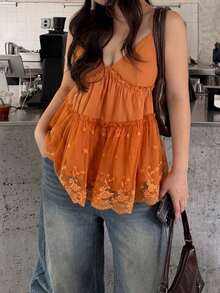 Dazy Plus Lace Patchwork Orange Spring/Summer Comfortable Korean Style Camisole Blouse - Orange - View 4