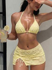 Swim Vcay 3件組針織提花細肩帶綁帶金屬吊墜比基尼套裝，女款休閒無袖多色細肩帶短版比基尼，時尚綁帶紋理比基尼，側綁泳褲，向日葵綁帶沙灘裙，女款沙灘穿搭 - 淡黃色 - 查看 2