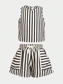 SHEIN 青少年女孩休閒日常基本款條紋夏季套裝，口袋無袖上衣與長褲 2 件組 - 黑色 - 查看 4