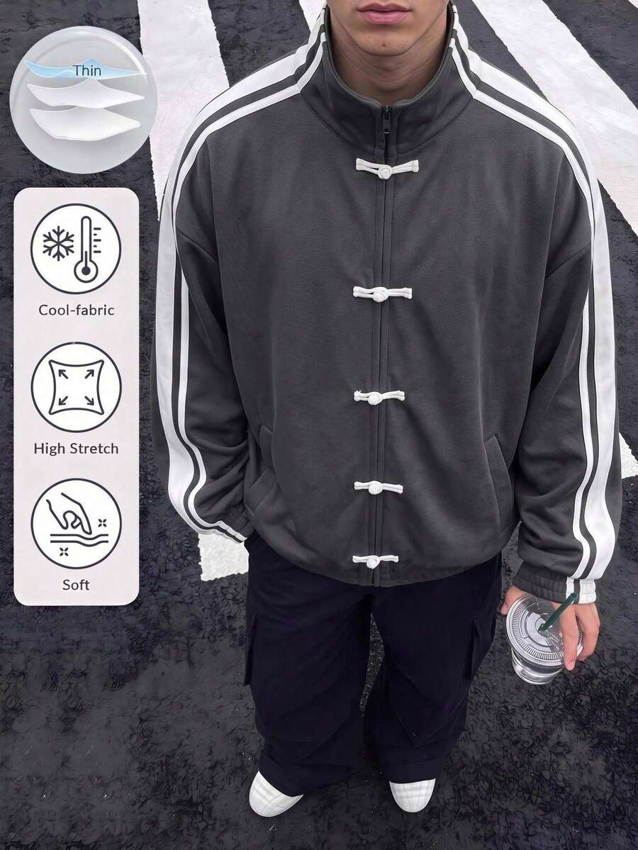 SHEIN Tween Boy Casual Sports Colorblock Striped Frog Button Jacket, Suitable For Autumn/Winter