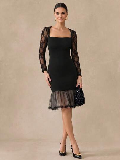 Almamuse Women's Lace Patchwork Long Sleeve Contrast Ruffle Hem Mesh Overlay Midi Party Dress, Autumn/Winter