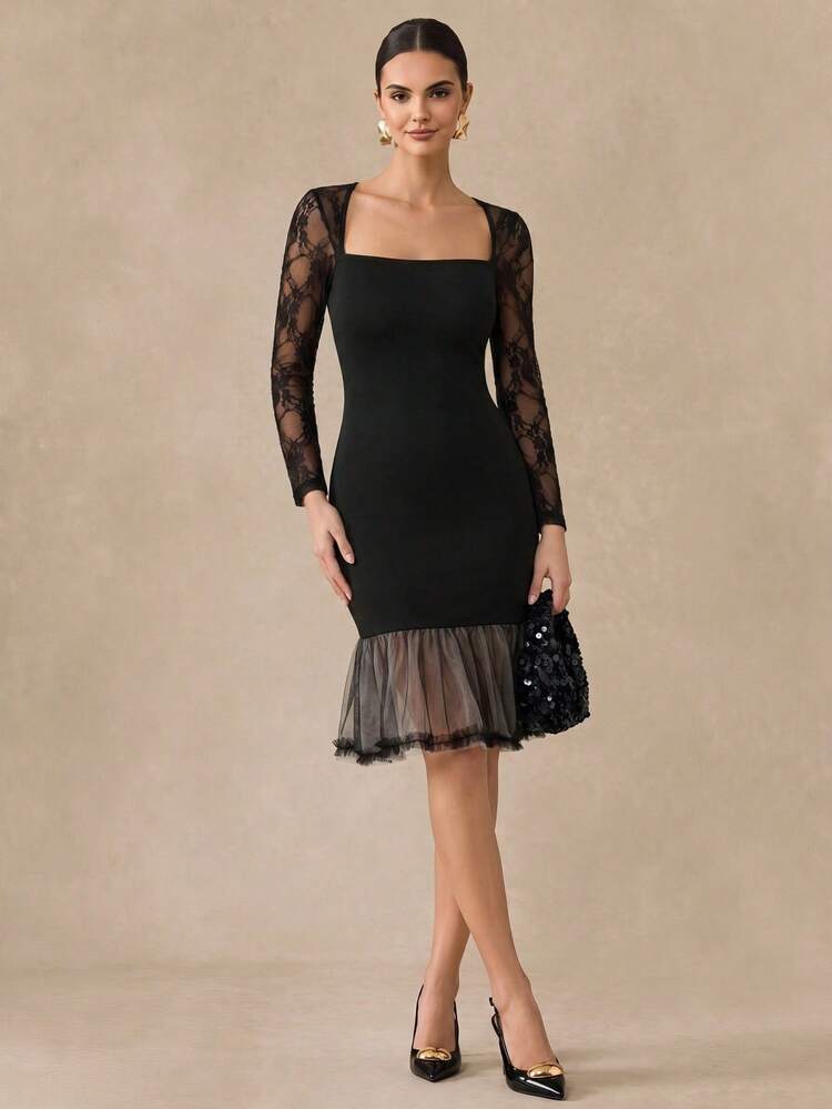 Almamuse Women's Lace Patchwork Long Sleeve Contrast Ruffle Hem Mesh Overlay Midi Party Dress, Autumn/Winter - Black - View 1