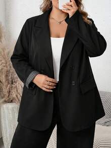 SHEIN CURVE+ 女款大尺碼時尚黑色雙排扣西裝外套 - 黑色 - 查看 3