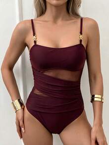SHEIN Swim 女款夏季度假黑色網格拼接優雅修身連身泳衣海灘裝 - 酒紅色 - 查看 3