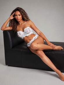 Silforma 2pcs/Set Women Lace With Underwire Seamless Sexy Lingerie Bra & Panties Set - White - View 4