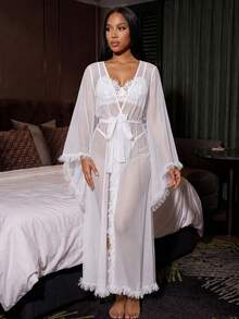Silforma Women's Solid Color Knotted Waist Casual Loungewear Robe - White - View 5