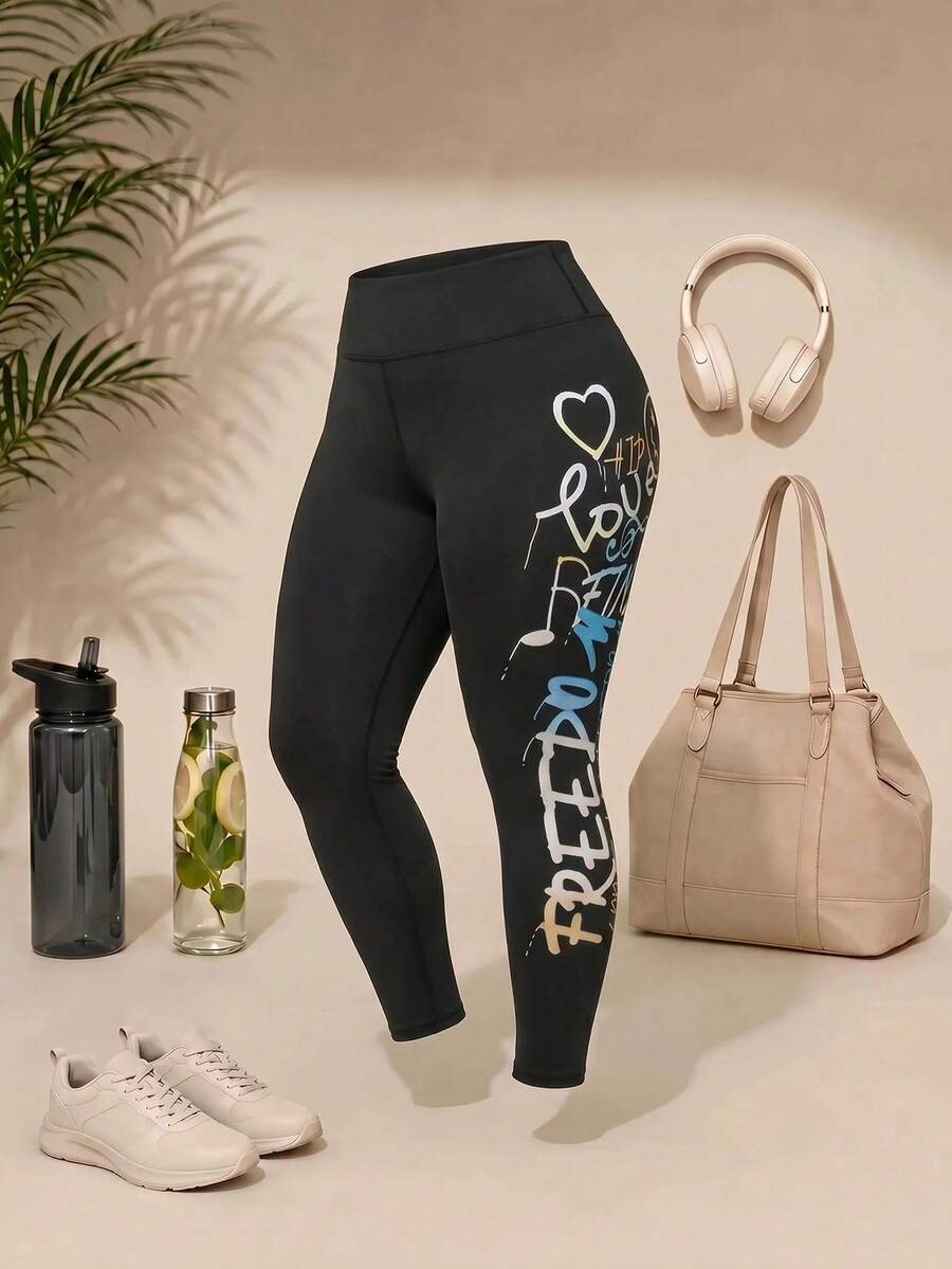 Cheerettes Women's Plus Size Letter Print Casual Versatile Daily Wear Sports Black Leggings High Stretch Breathable Moisture Wicking Graffiti Print Tummy Control - Black - View 1
