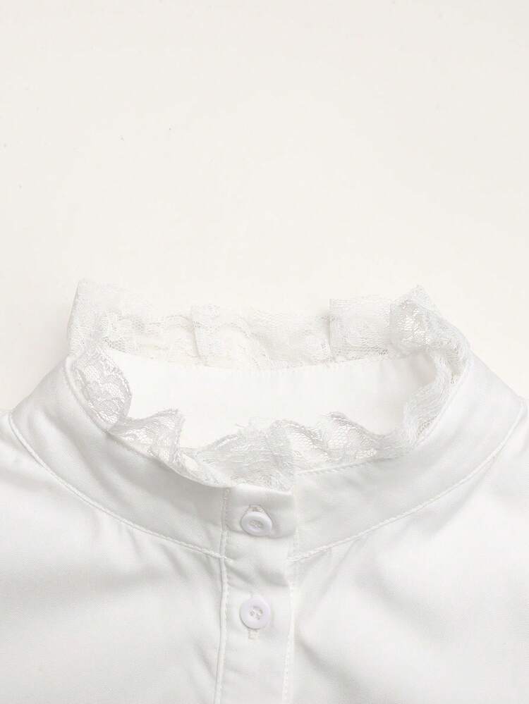 Tween Girl Tween Girls Elegant Ruffle Stand Collar Lantern Sleeve Ruffle Trim Long Sleeve White Blouse, Back To School Preppy Style White Shirt - White - View 5