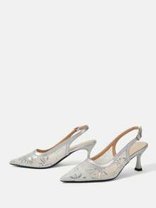 CUCCOO HITCHD Ladies Spring And Summer New Silver Fairy Mesh Sequins Pointed High Heels Shoes Slingback Buckle Design Gentle Style Dating High Heels Fall Shoes - Silver - View 4