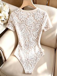 Franclia Minimalist Fashion Round Neck Printed Slim Fit Cinched Waist Commute Elegant Daily Wear Date Party Bodysuit For Women - Apricot - View 4