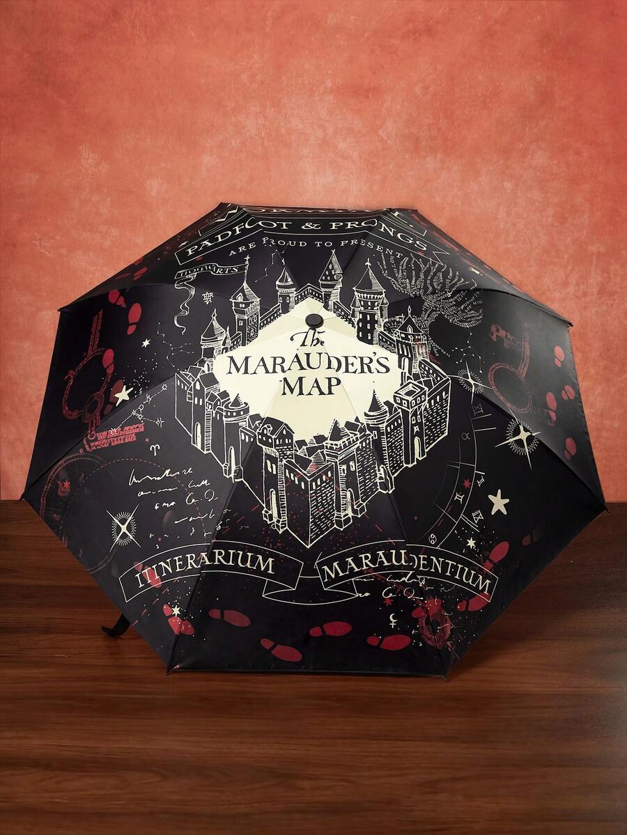 HARRY POTTER X SHEIN Retro Castle Magic Map Printing Folding Umbrella, Retro Pattern On A Black Background, Both Weather And Rain, Sun Protection And Rain Protection, Light And Easy Storage, Student Commuting, Daily Travel, Short Distance - Black - View 1