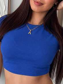 Hitanina 休闲简约百搭圆领短袖修身短款女式 T 恤，适合夏季套头衫 - 寶藍色 - 查看 3
