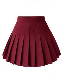 SHEIN PariChic Casual Solid Color Pleated Shorts Skirt For Summer - Burgundy - View 5