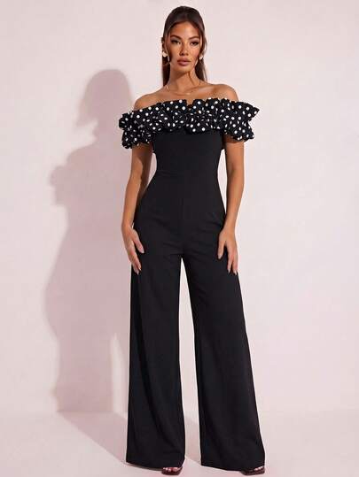 COSMINA Women's Casual Elegant Classic Vintage Polka Dot 3D Ruffle Jumpsuit