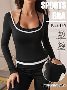 Eassivo Eassivo Camiseta deportiva de manga larga ajustada con diseño de patchwork de 2 en 1 y colores contrastantes para mujer - Negro - Ver 1