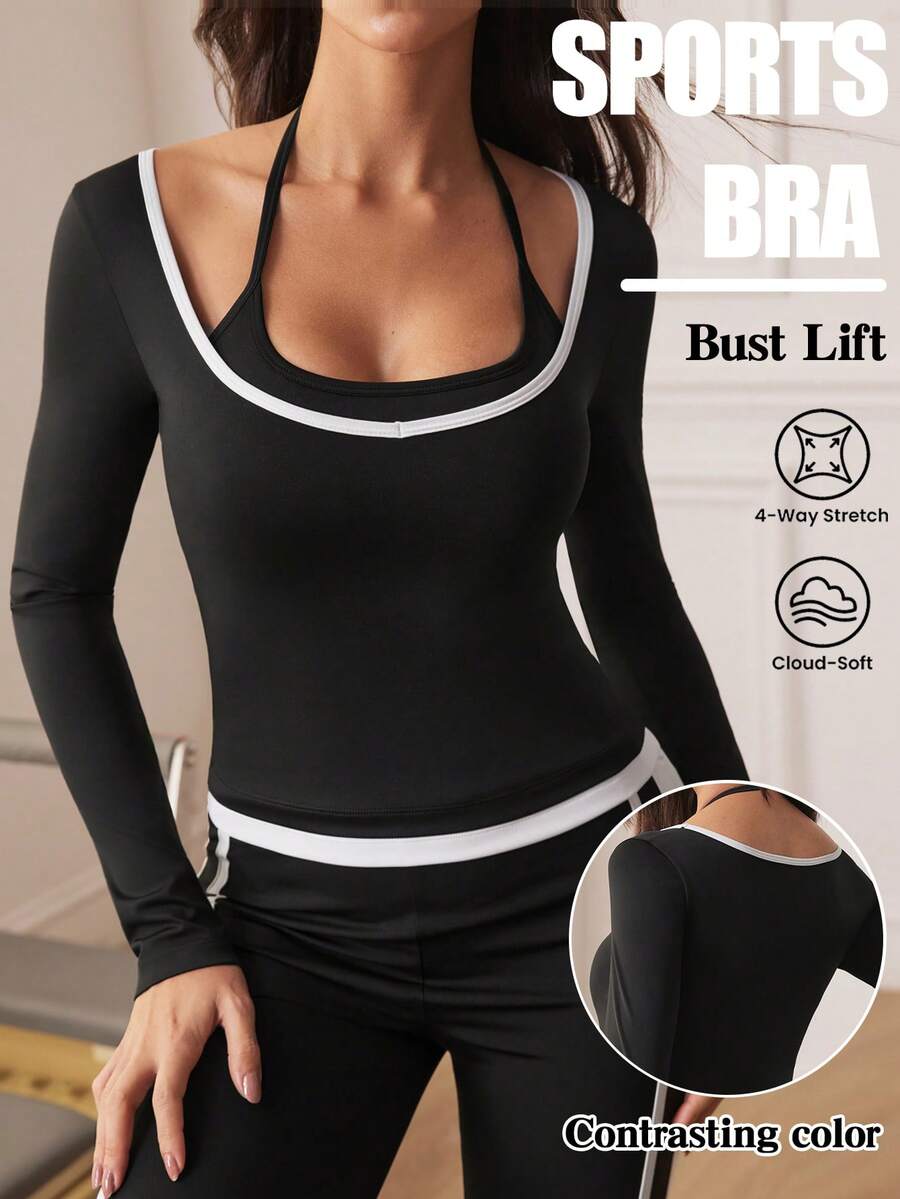 Eassivo Eassivo Camiseta deportiva de manga larga ajustada con diseño de patchwork de 2 en 1 y colores contrastantes para mujer - Negro - Ver 1