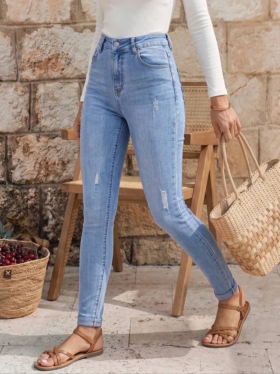 EMERY ROSE Jeans ajustados de talle alto con diseño roto - Lavado ligero - Ver 1