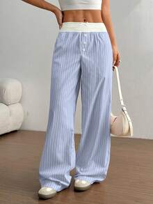 Flirla Women's Stripe Fabric Patchwork Contrast Color Pants Fall Cloth For Women - Baby Blue - View 4