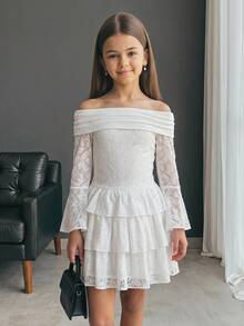 SHEIN 少女收腰長袖洋裝，休閒日常穿著，適合派對、拍照、姊妹裝與家庭套裝 - 白色 - 查看 2