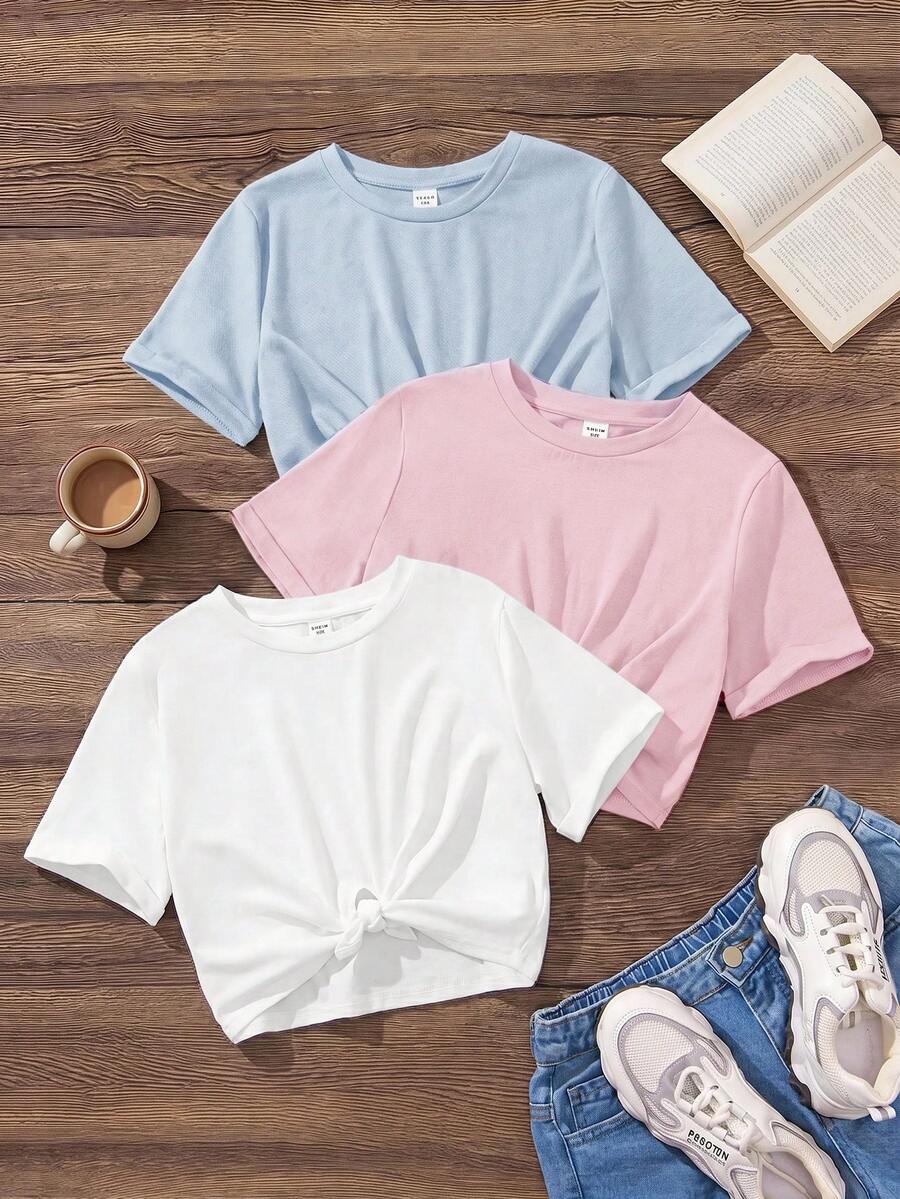 Emery Rose Kids Emery Rose Kids 3pcs/Set Tween Girls' Solid Color Round Neck Fitted Cropped Twist Knit Casual T-Shirts - Multicolor - View 1