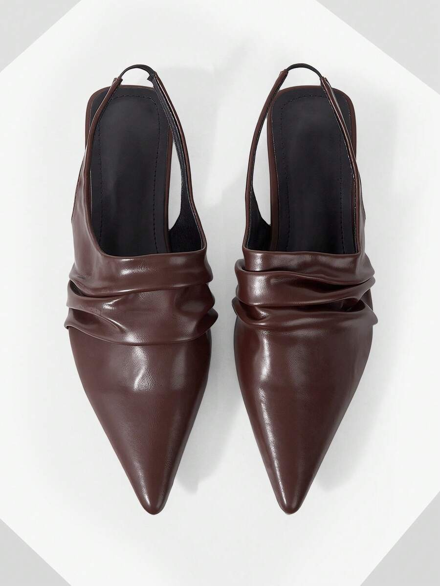 Mnmlis French Pleated Coffee Brown Pointed Low Slingback Shoes, Retro Rear Strap Versatile Outer Wear Women's Shoes, Spring And Summer Low-Heeled - Coffee Brown - View 1