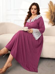 Lacomfia Gaun Wanita Ukuran Besar Elegan Bergaya Prancis dengan Motif Renda dan Kancing Setengah Plaket - Merah - View 4