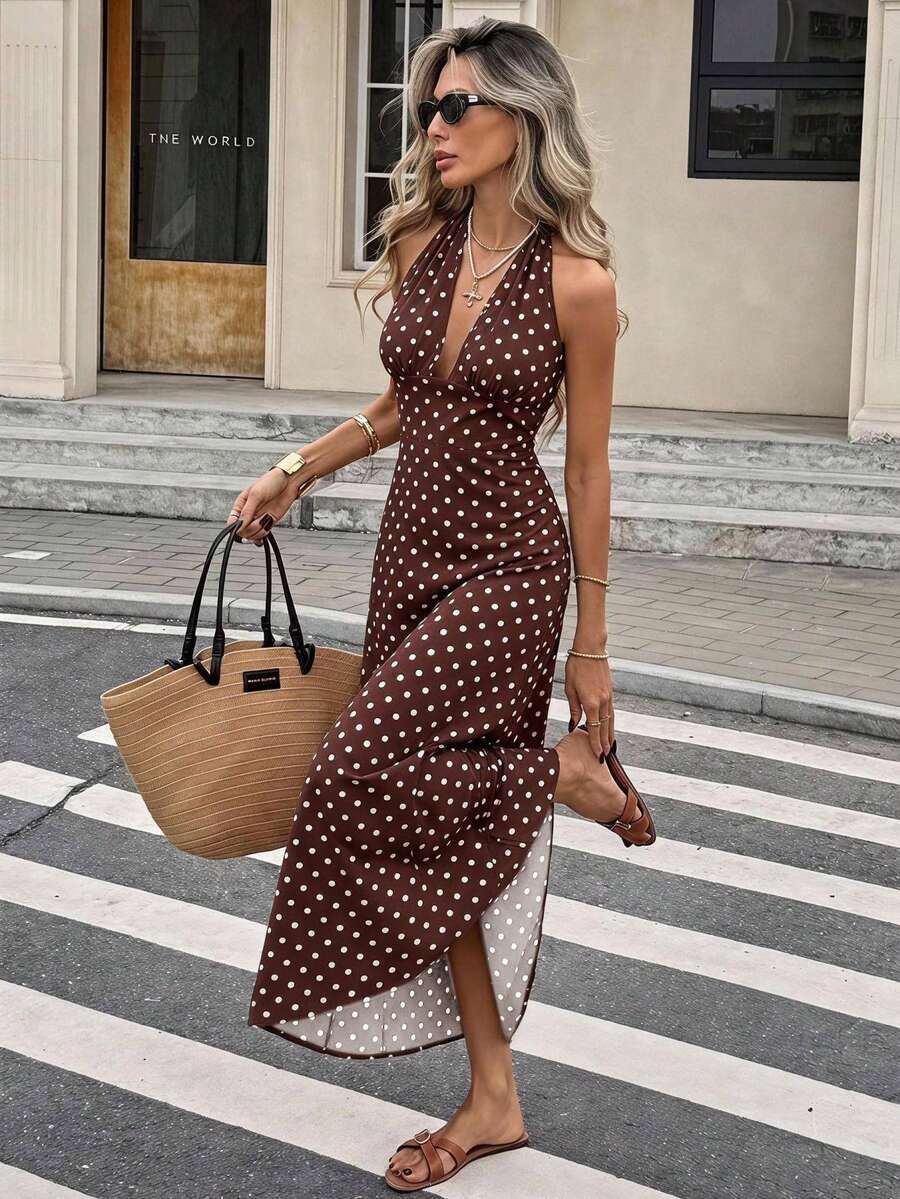 Serisse فستان حريمي بياقة عميقة على شكل V وطباعة نقاط مودرن بتصميم هولتر - بني - مشاهدة 1