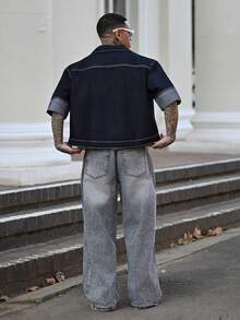 Devon Thys 男士原色牛仔翻领短袖夹克 男士短袖牛仔衬衫 - 深色水洗藍 - 查看 5